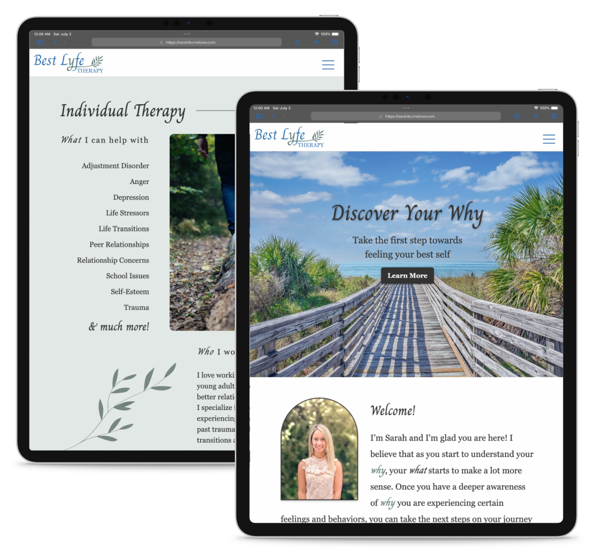 mockups of the Best Lyfe Therapy website on tablet